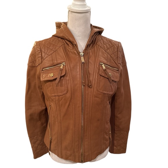 Michael Kors Women's Brown Leather Hooded Moto Jacket Size M - Picture 2 of 16